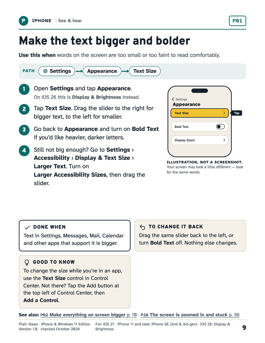 An iPhone task card: the path Settings, Appearance, Text Size; four numbered steps; a drawing of the Appearance screen; and Done when and Change it back boxes.