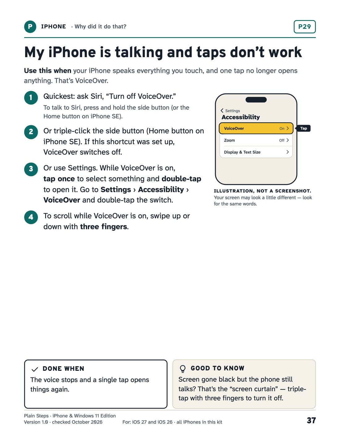 An iPhone card for turning off VoiceOver: ask Siri, triple-click the side button, or use Settings with tap-to-select and double-tap.