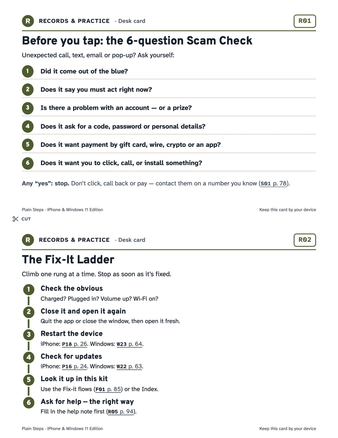 Two half-page desk cards: the scam check and the fix-it ladder, with a dashed cut line.