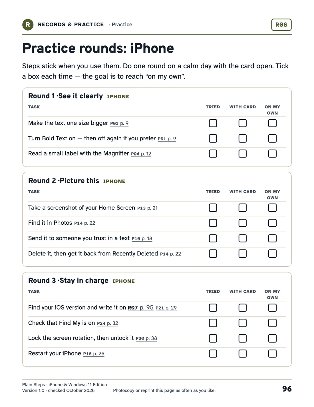 A practice worksheet with three rounds of iPhone tasks and boxes for Tried, With card and On my own.