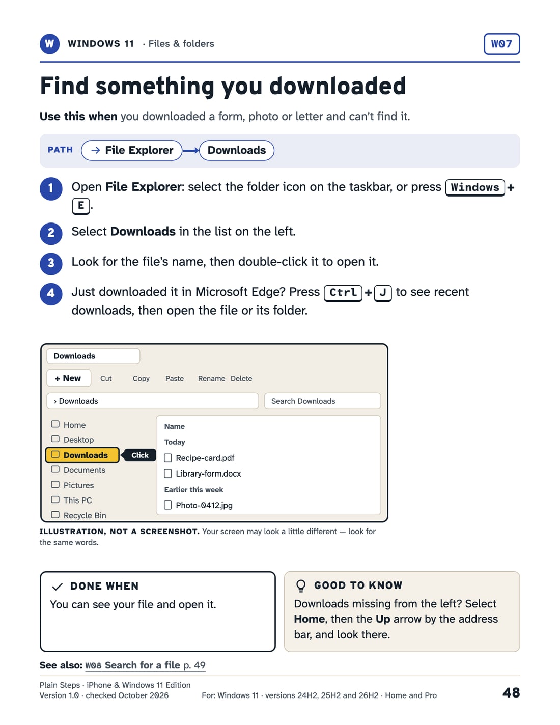 A Windows 11 card for finding downloads in File Explorer and in Microsoft Edge, with a drawing of File Explorer.