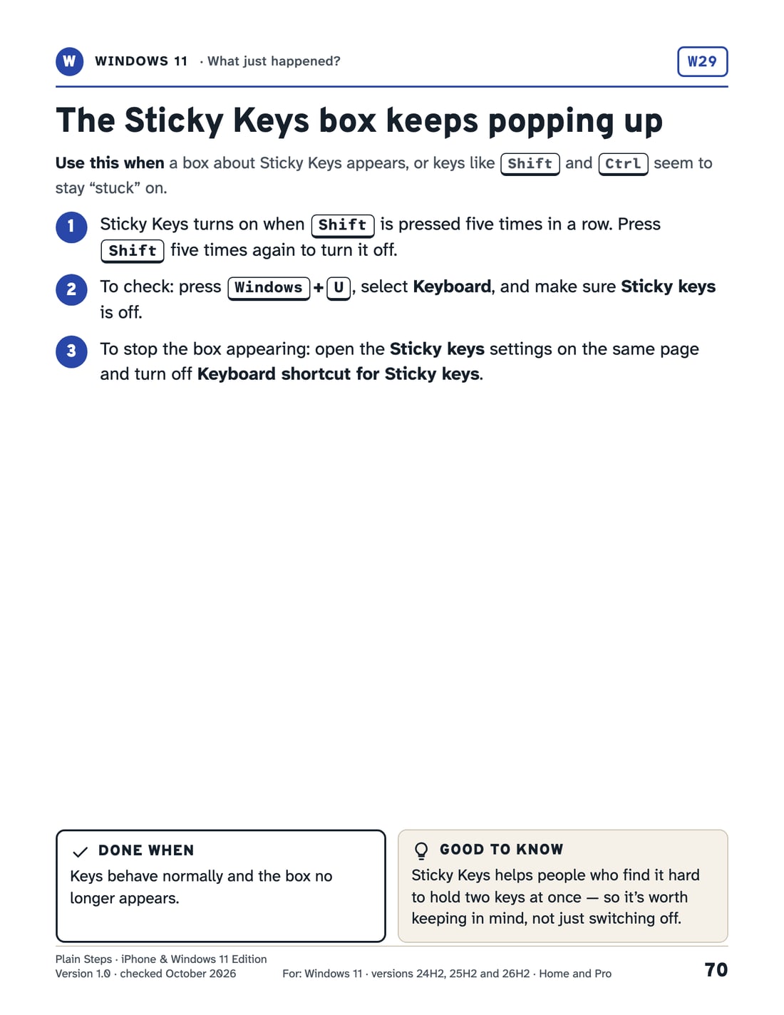 A Windows 11 card for turning off Sticky Keys and the keyboard shortcut that turns it on.