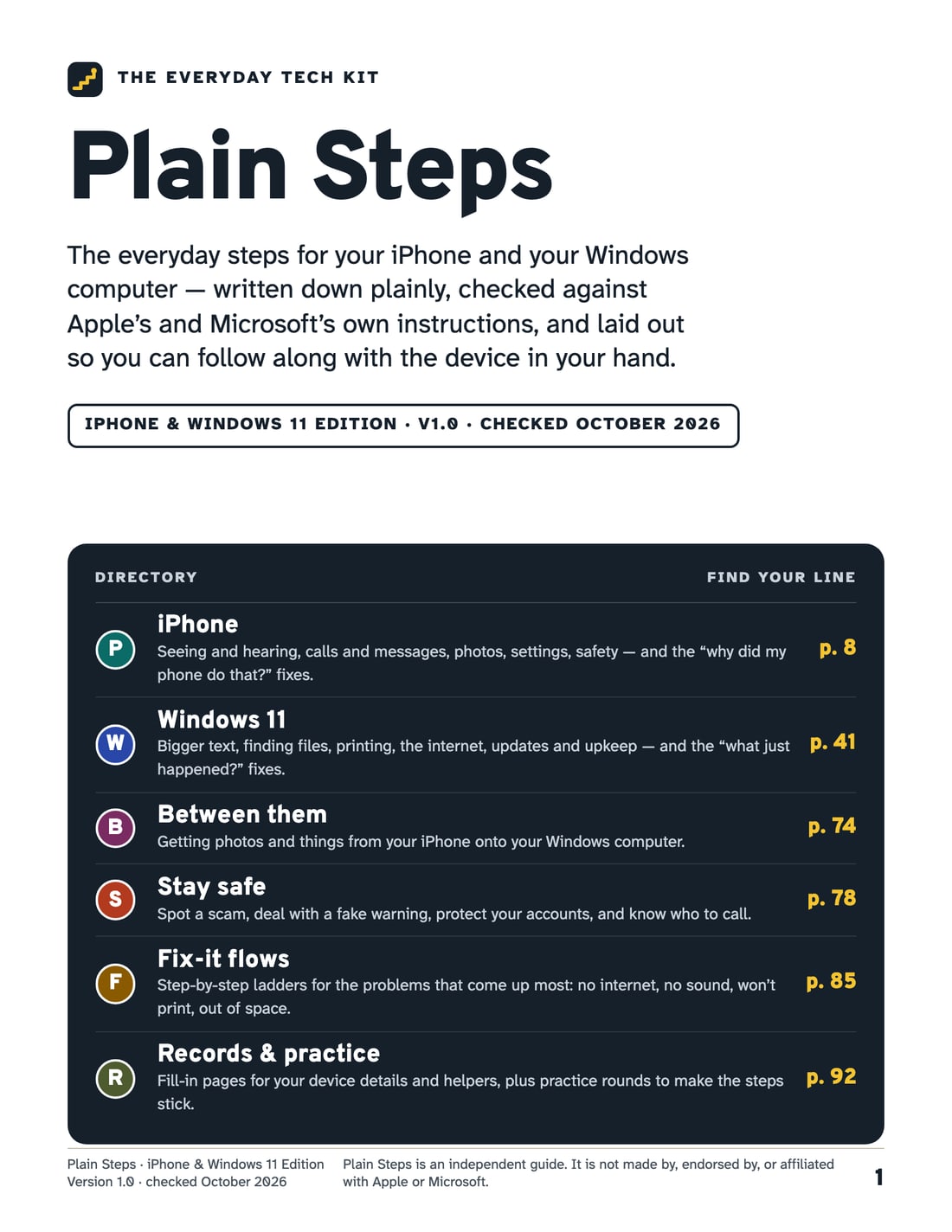 The Plain Steps cover, with a directory of the six color-coded sections and their page numbers.